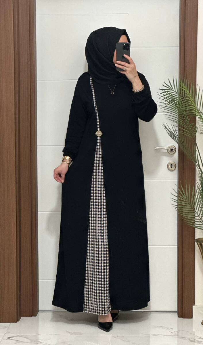 2828 K120 SİYAH-KAZAYAGI BELİ DÜĞMELİ ZERDA ELBİSE - 1