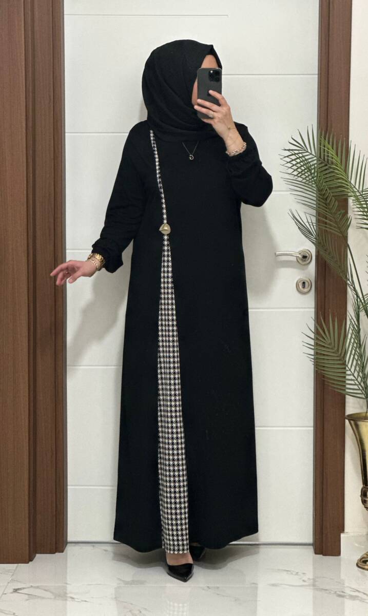 2828 K120 SİYAH-KAZAYAGI BELİ DÜĞMELİ ZERDA ELBİSE - 2