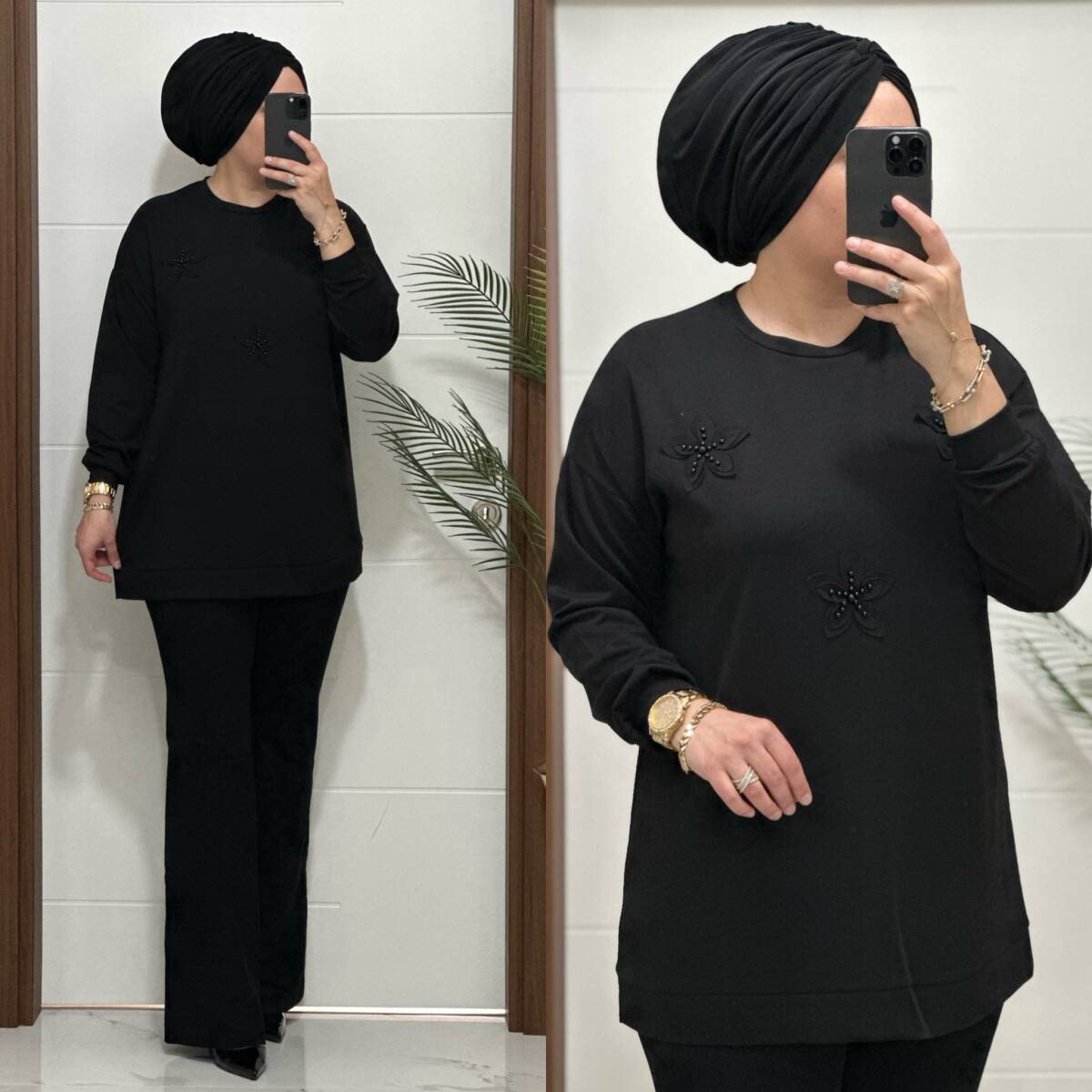 1687 K 75 SİYAH ÇİÇEKLİ KISA TUNİK - 2