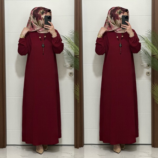 6677 K-70 BORDO RENK NARİN ELBİSE - 2