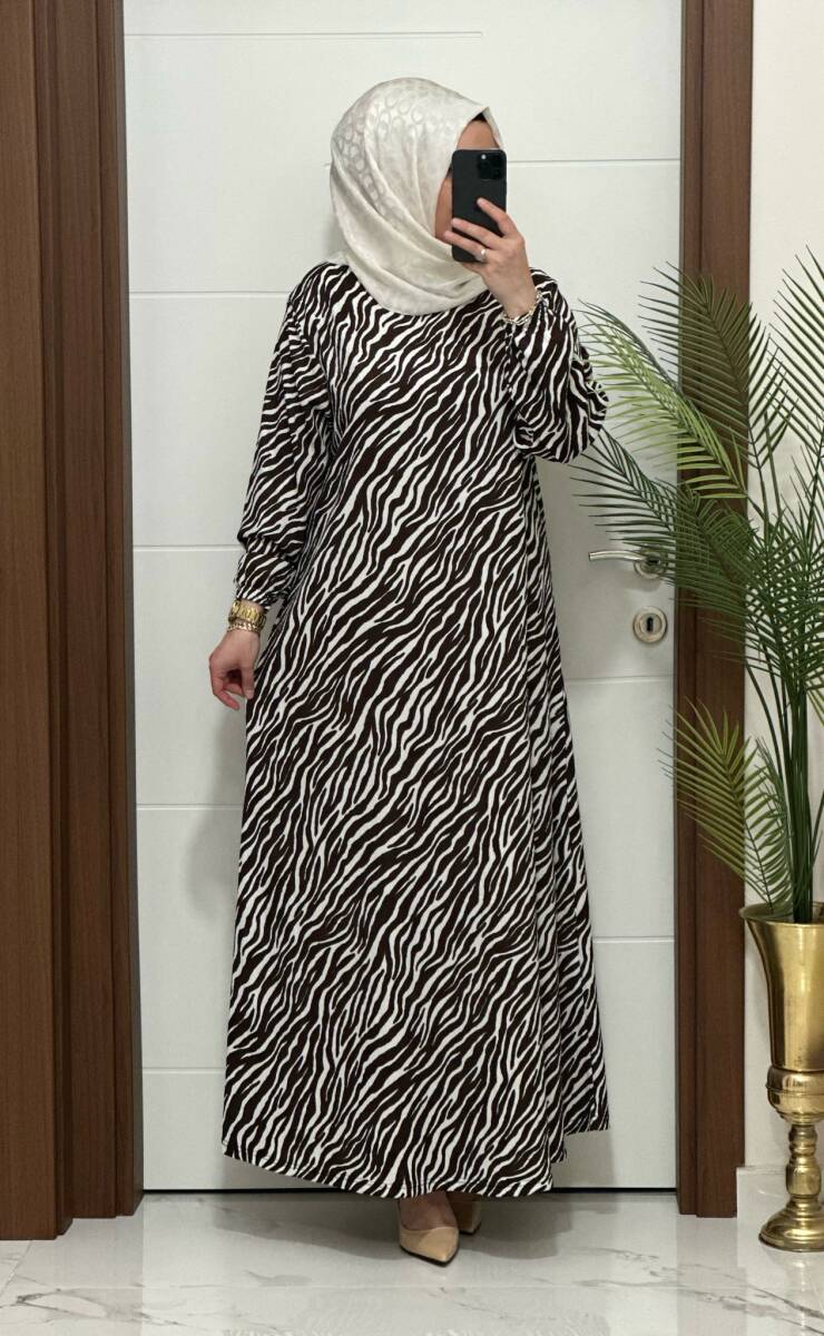 1515 K-70 ZEBRA ELBİSE KAHVERENGİ RENK - 1