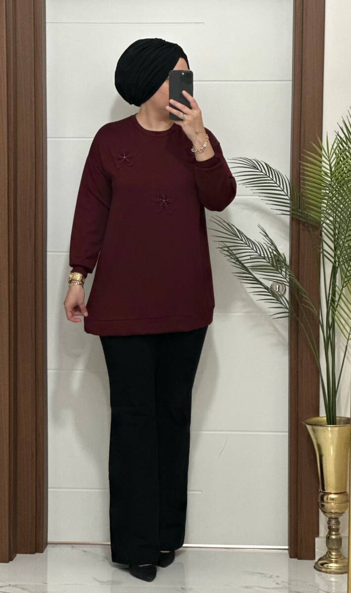 1687 K 75 BORDO ÇİÇEKLİ KISA TUNİK - 2