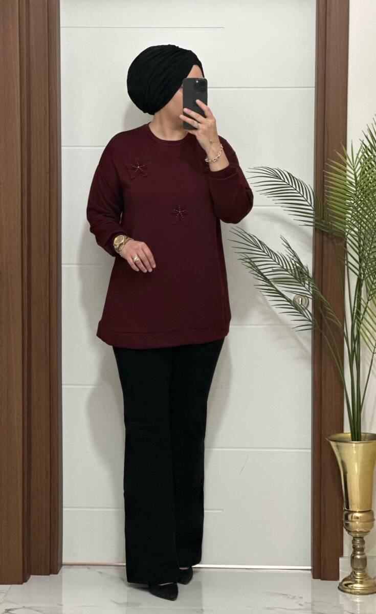1687 K 75 BORDO ÇİÇEKLİ KISA TUNİK - 3