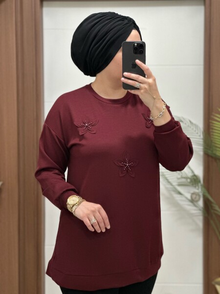 1687 K 75 BORDO ÇİÇEKLİ KISA TUNİK - 1