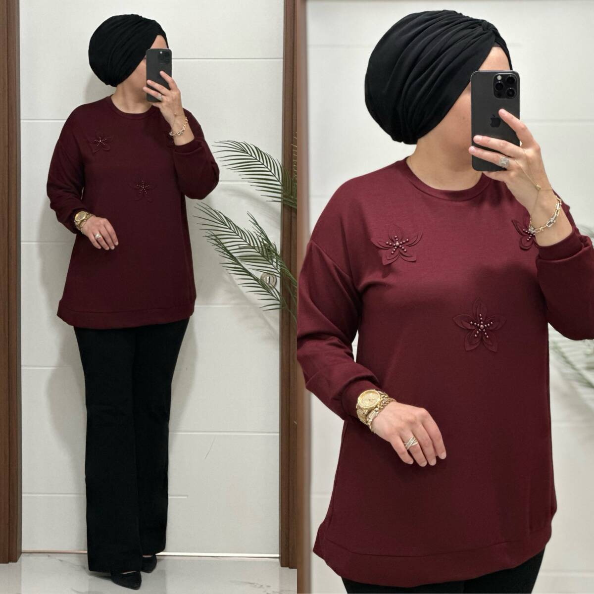 1687 K 75 BORDO ÇİÇEKLİ KISA TUNİK - 4