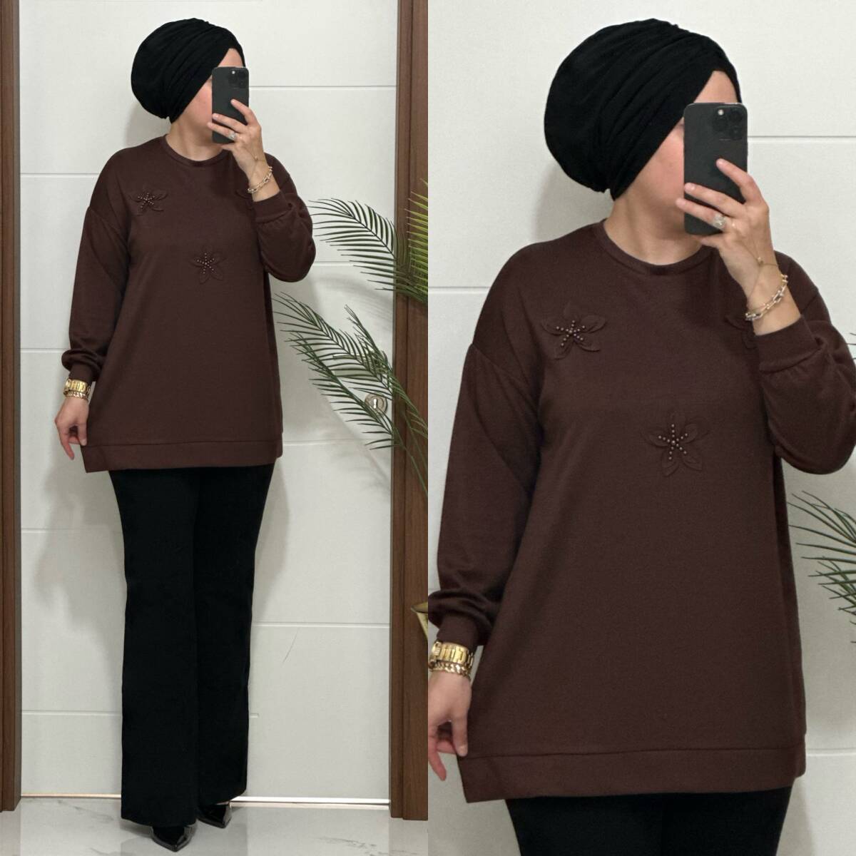 1687 K 75 KAHVE ÇİÇEKLİ KISA TUNİK - 2