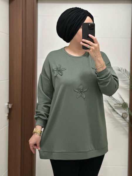 1687 K 75 ÇAĞLA YESİLİ ÇİÇEKLİ KISA TUNİK - 1