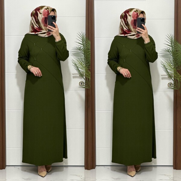 F10 K 80 HAKİ ÇAPRAZ ÇIMALI TAŞLI ELBİSE - 3