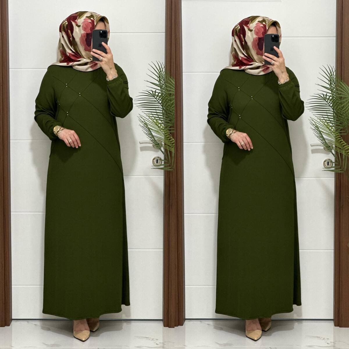 F10 K 80 HAKİ ÇAPRAZ ÇIMALI TAŞLI ELBİSE - 3