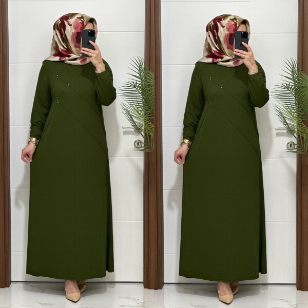 F10 K 80 HAKİ ÇAPRAZ ÇIMALI TAŞLI ELBİSE - 4