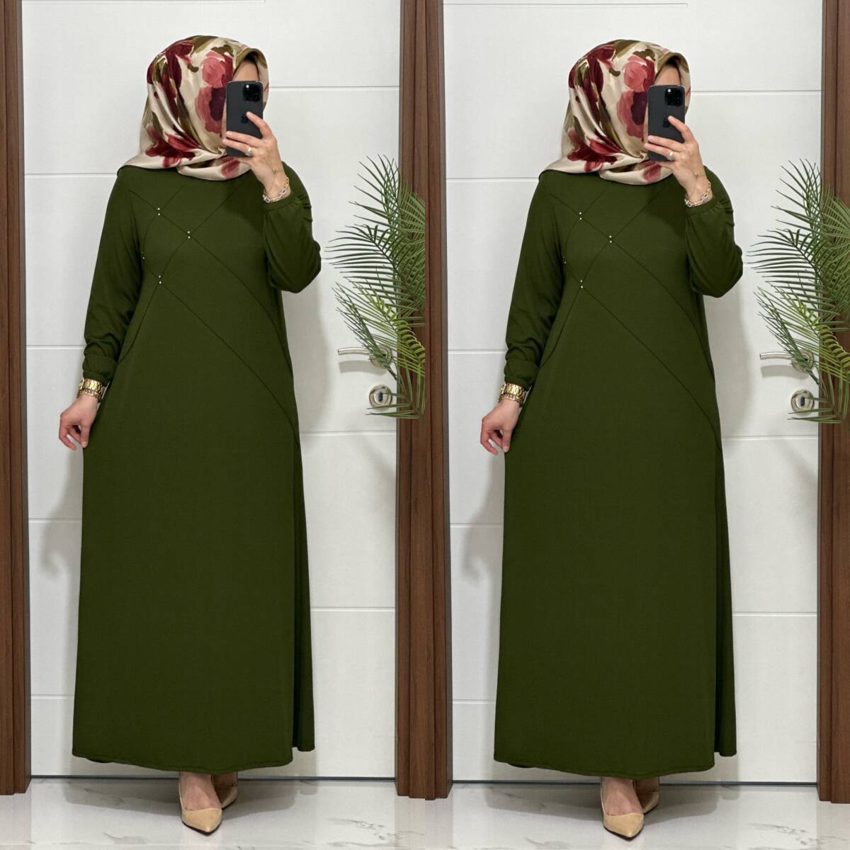 F10 K 80 HAKİ ÇAPRAZ ÇIMALI TAŞLI ELBİSE - 4