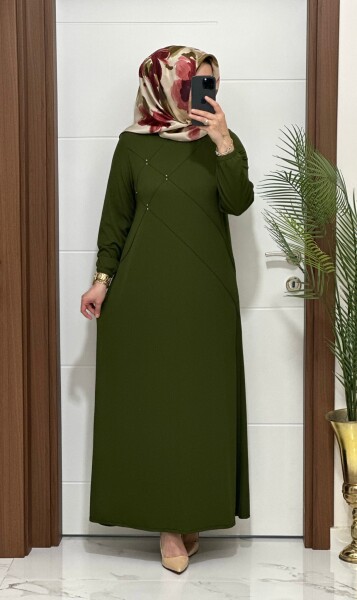 F10 K 80 HAKİ ÇAPRAZ ÇIMALI TAŞLI ELBİSE - MODA ALMİRA