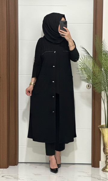6457 SİYAH FİLE DETAY CEPLİ UZUN YELEK - MODA ALMİRA