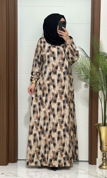 1880 K 120 VİZON FIRCA DESEN CEPLİ VİSKON ELBİSE - MODA ALMİRA