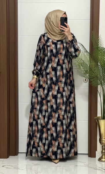 1880 K 120 LACİVERT FIRCA DESEN CEPLİ VİSKON ELBİSE - MODA ALMİRA