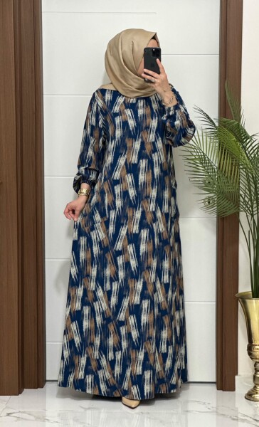 1880 K 120 PETROL FIRCA DESEN CEPLİ VİSKON ELBİSE - MODA ALMİRA