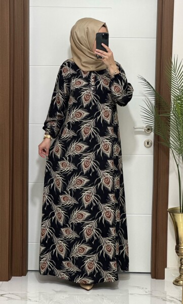 2131 K 120 SİYAH GÜL DESEN VİSKON ELBİSE - MODA ALMİRA
