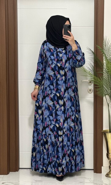 1990 K 90 MAVİ ÖNÜ DÜĞMELİ ÇİÇEKLİ VİSKON ELBİSE - MODA ALMİRA