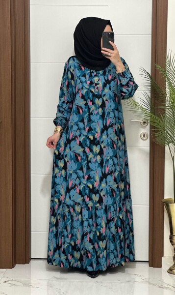 1990 K 90 MİNT ÖNÜ DÜĞMELİ ÇİÇEKLİ VİSKON ELBİSE - MODA ALMİRA