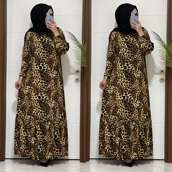 2085 K60 CAMEL RENK LEOPAR ELBİSE - 3