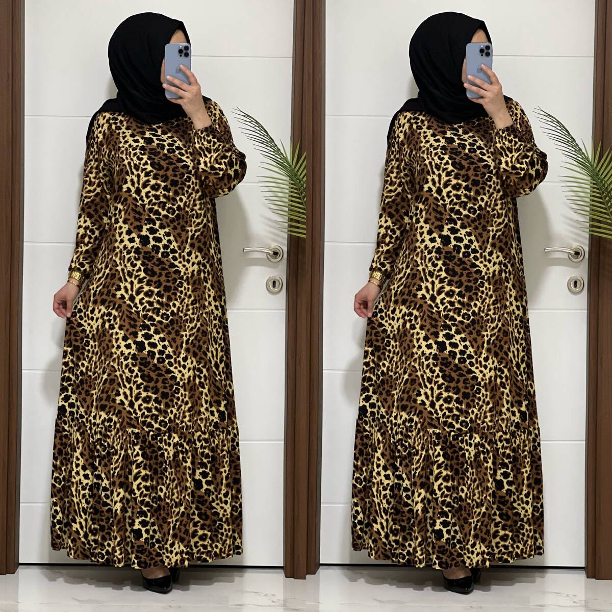 2085 K60 CAMEL RENK LEOPAR ELBİSE - 3