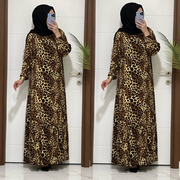 2085 K60 CAMEL RENK LEOPAR ELBİSE - 4
