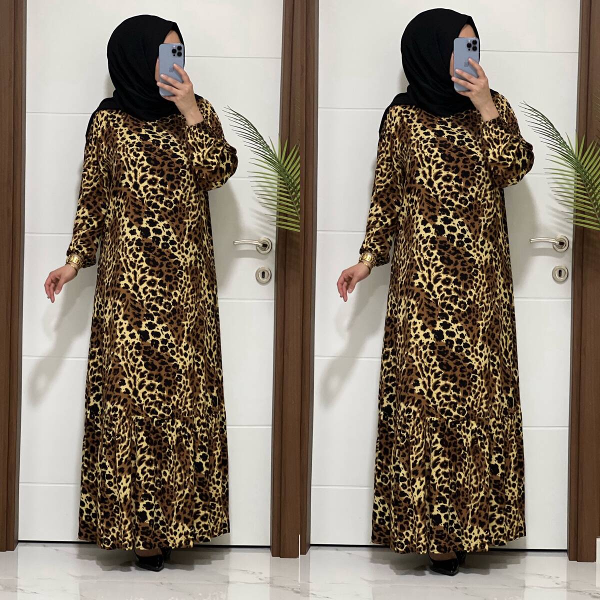 2085 K60 CAMEL RENK LEOPAR ELBİSE - 4