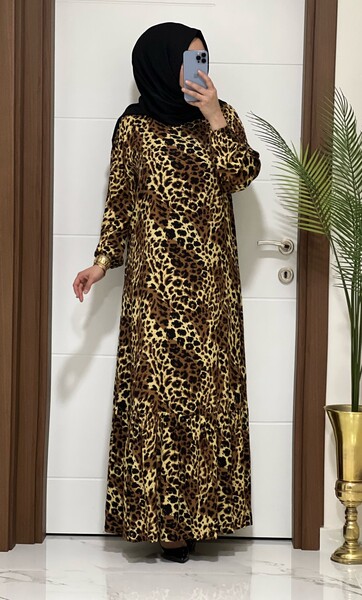 2085 K60 CAMEL RENK LEOPAR ELBİSE - 1