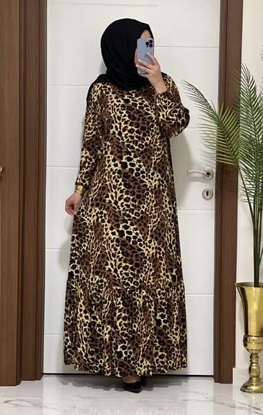 2085 K60 CAMEL RENK LEOPAR ELBİSE - 2