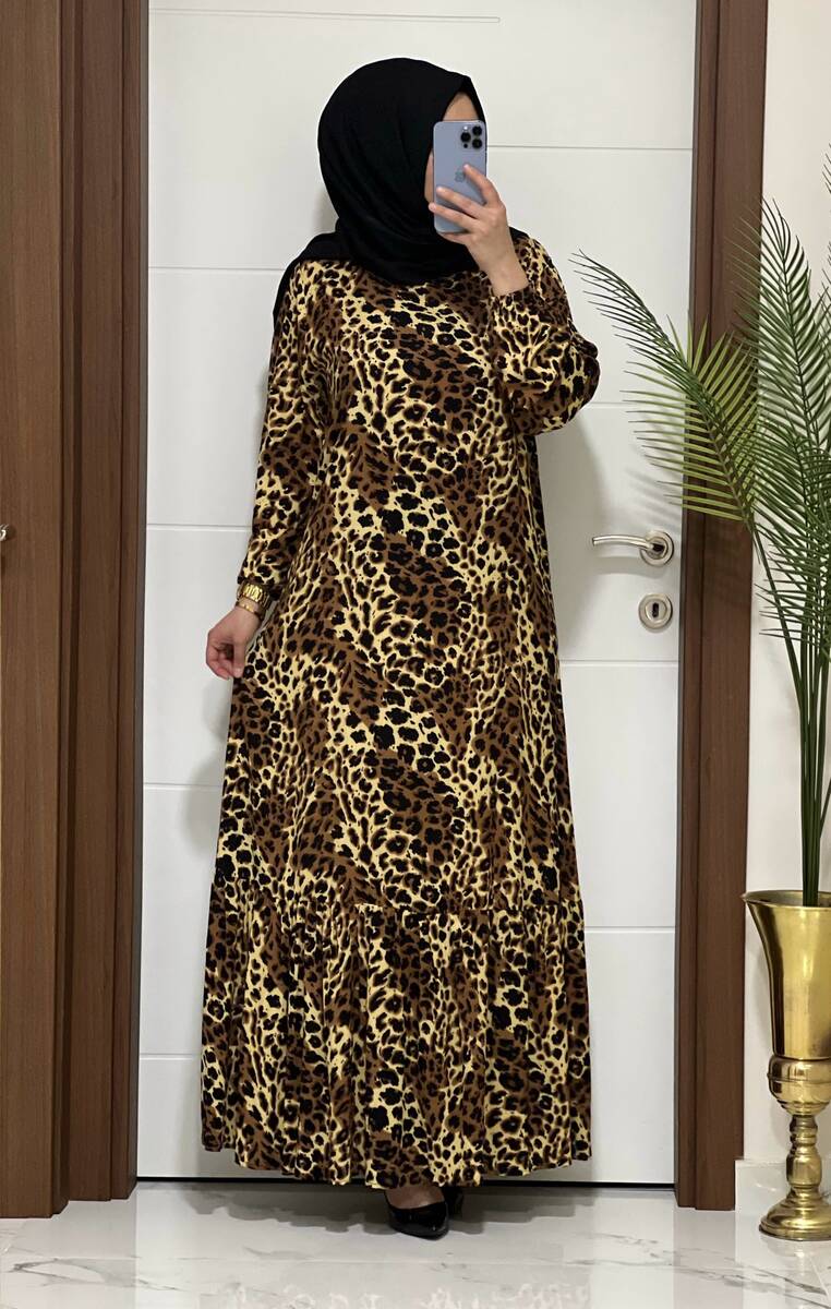2085 K60 CAMEL RENK LEOPAR ELBİSE - 2
