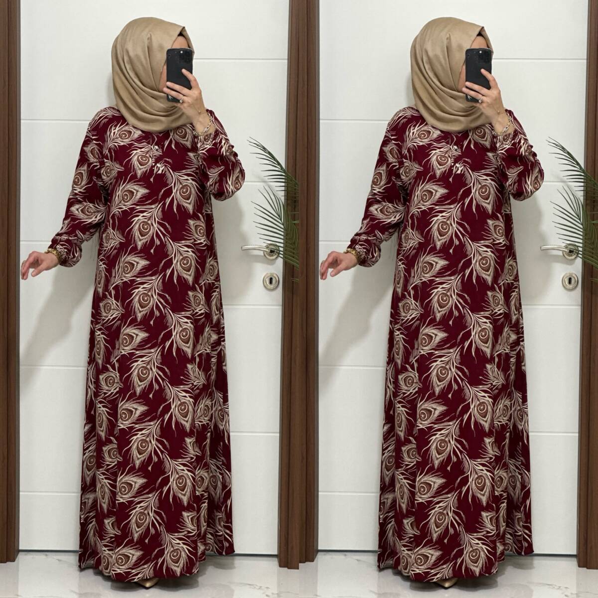 2131 K 120 BORDO GÜL DESEN VİSKON ELBİSE - 3