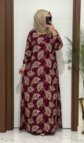 2131 K 120 BORDO GÜL DESEN VİSKON ELBİSE - MODA ALMİRA