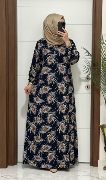 2131 K 120 LACİVERT GÜL DESEN VİSKON ELBİSE - MODA ALMİRA