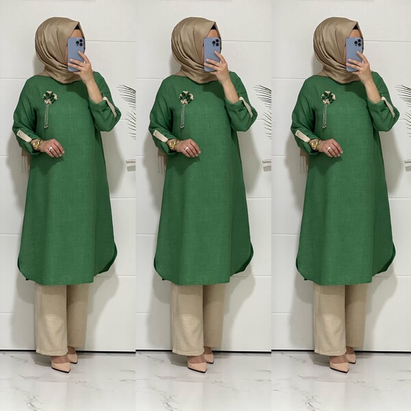 2310 K80 BENETTON YEŞİLİ BROŞ HEDİYELİ BAHAR TAKIM - 5