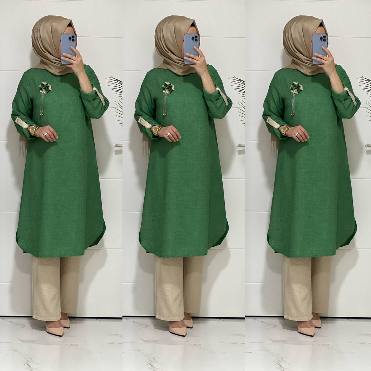2310 K80 BENETTON YEŞİLİ BROŞ HEDİYELİ BAHAR TAKIM - 5