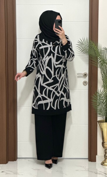 26135 K 130 SİYAH - BEYAZ AYÇA TAKIM - MODA ALMİRA