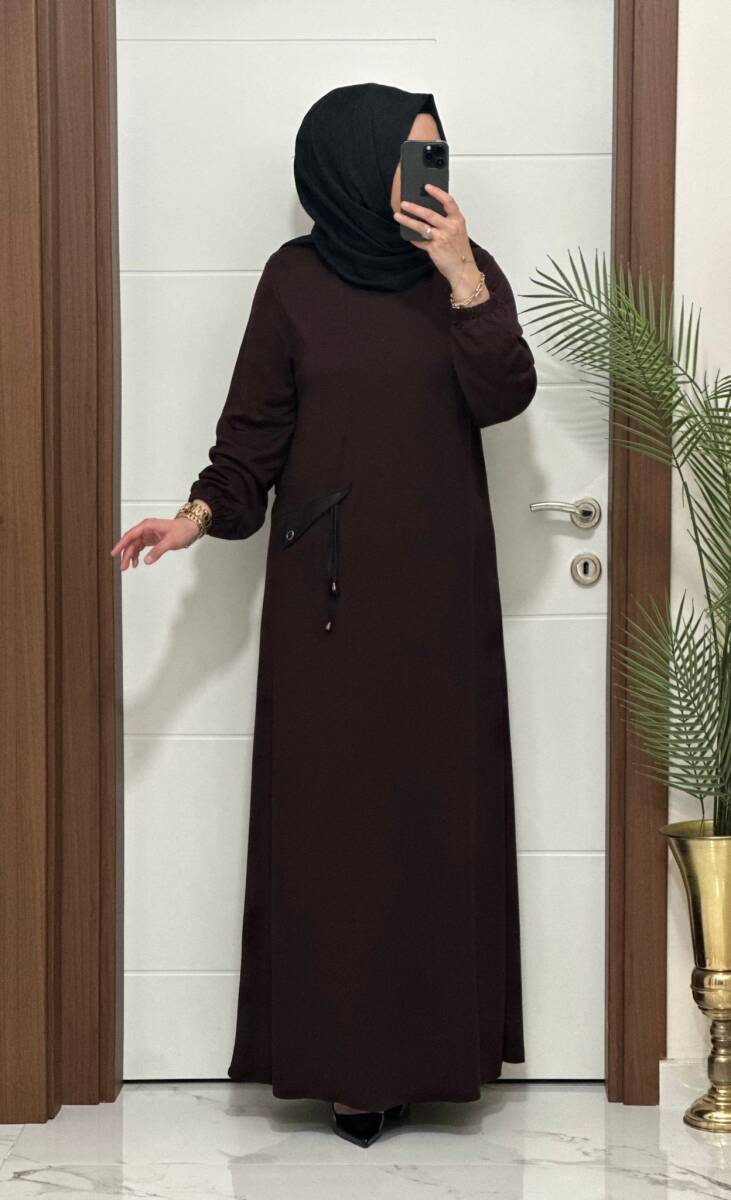 26331 K 140 KAHVE YENİ SEZON CEP KAPAKLI ELBİSE - 5