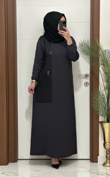 2818 K 160 GRİ YENİ SEZON FİLE CEPLİ OYSHO ELBİSE - MODA ALMİRA