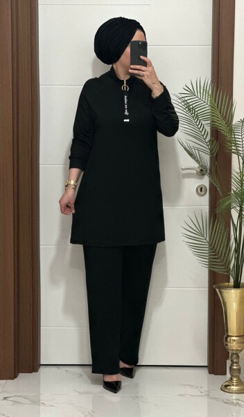 5225 K 120 SİYAH FERMUARLI YAZILI İKİLİ TAKIM - MODA ALMİRA