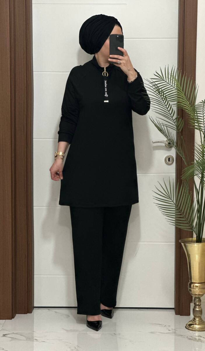 5225 K 120 SİYAH FERMUARLI YAZILI İKİLİ TAKIM - 1