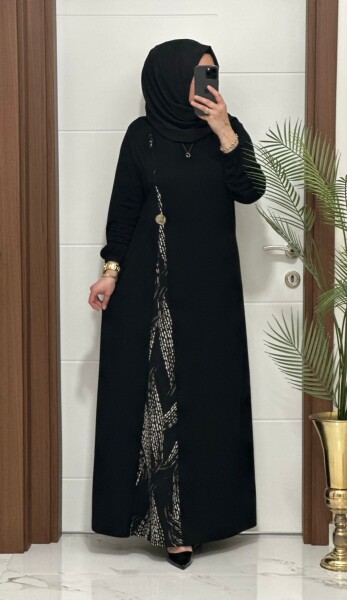 2828 K120 SİYAH-VİZON BELİ DÜĞMELİ ZERDA ELBİSE - MODA ALMİRA