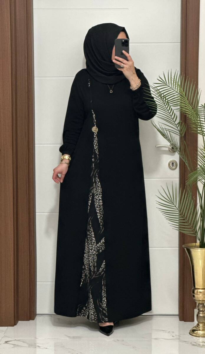 2828 K120 SİYAH-VİZON BELİ DÜĞMELİ ZERDA ELBİSE - 1