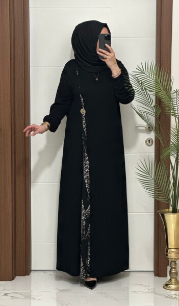 2828 K120 SİYAH-VİZON BELİ DÜĞMELİ ZERDA ELBİSE - 2