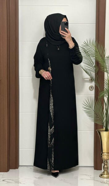 2828 K120 SİYAH-VİZON BELİ DÜĞMELİ ZERDA ELBİSE - 3