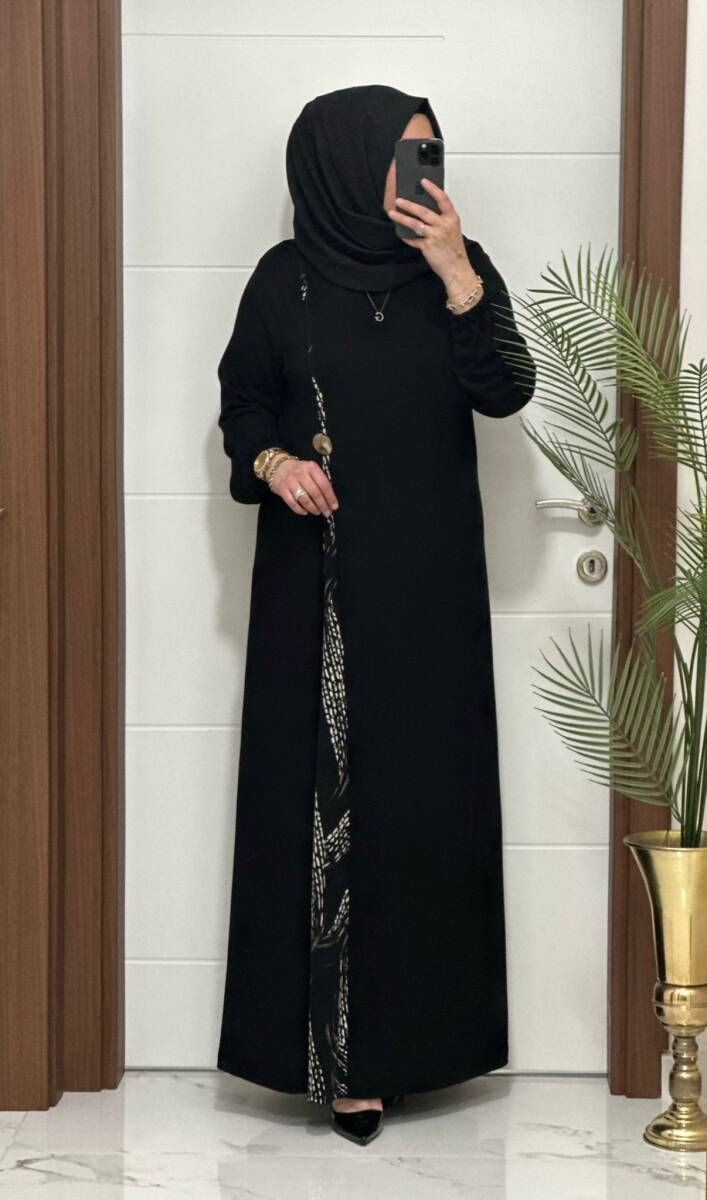 2828 K120 SİYAH-VİZON BELİ DÜĞMELİ ZERDA ELBİSE - 3