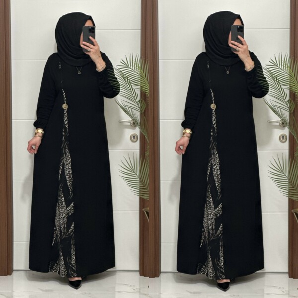 2828 K120 SİYAH-VİZON BELİ DÜĞMELİ ZERDA ELBİSE - 4