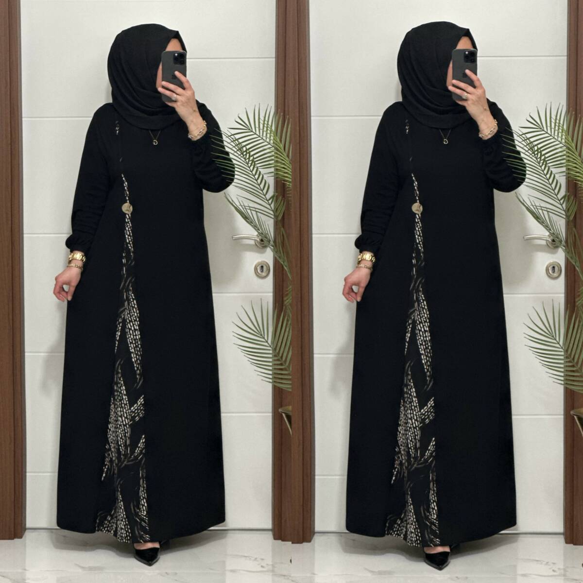 2828 K120 SİYAH-VİZON BELİ DÜĞMELİ ZERDA ELBİSE - 4