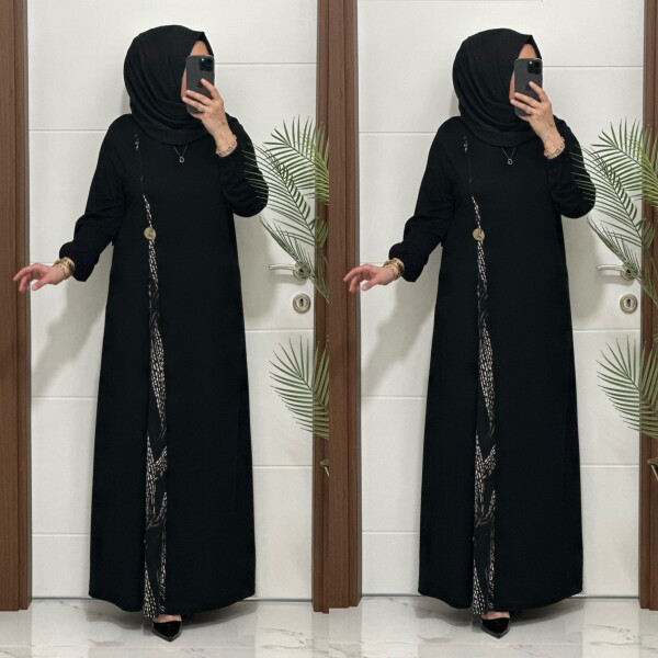 2828 K120 SİYAH-VİZON BELİ DÜĞMELİ ZERDA ELBİSE - 5