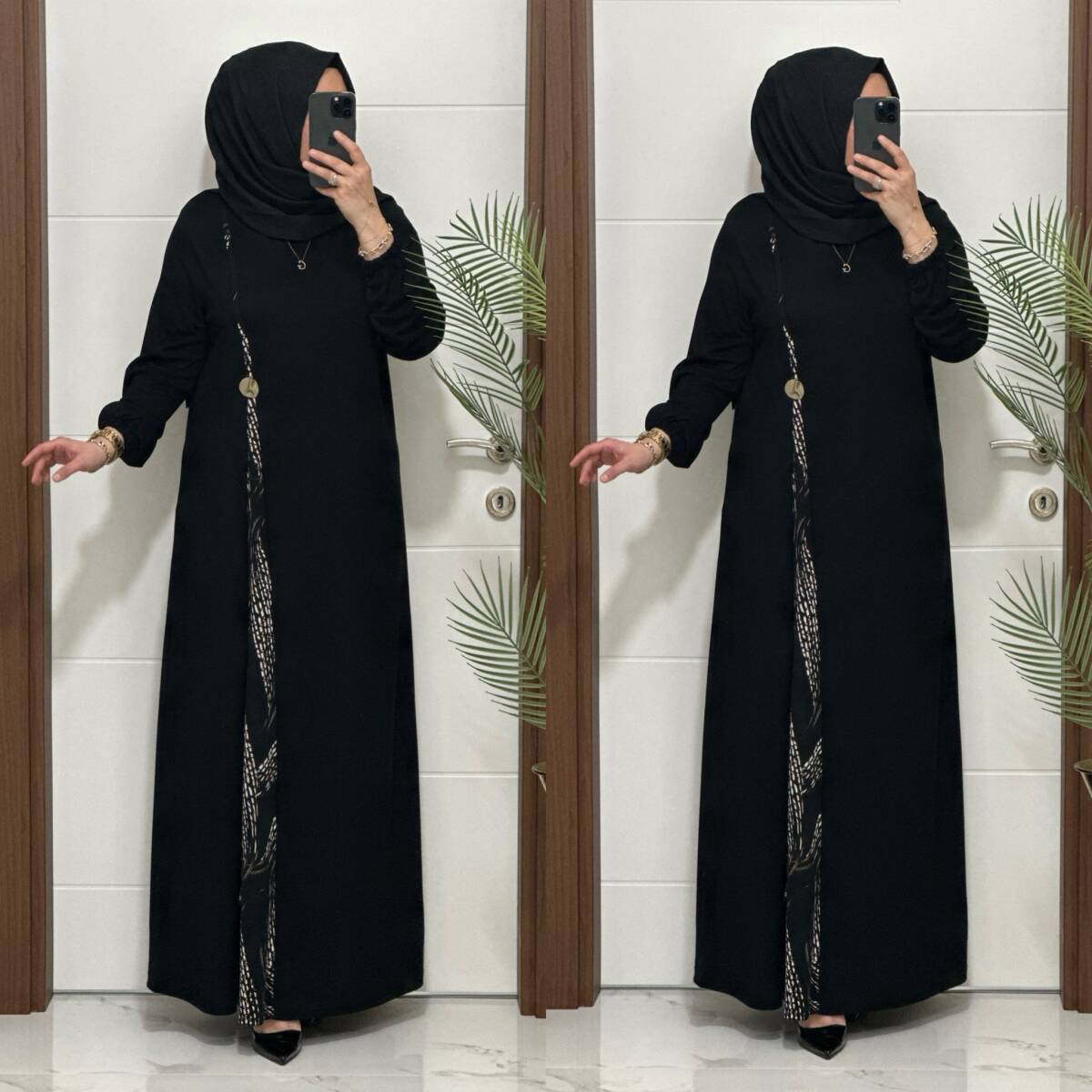 2828 K120 SİYAH-VİZON BELİ DÜĞMELİ ZERDA ELBİSE - 5