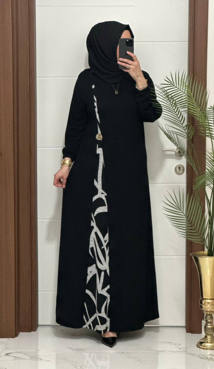 2828 K120 SİYAH-BEYAZ BELİ DÜĞMELİ ZERDA ELBİSE - 1